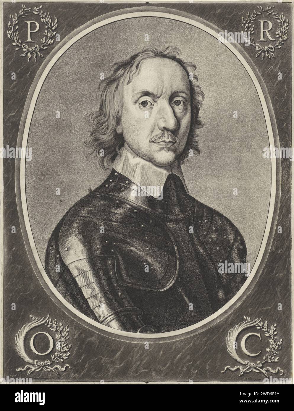 Ritratto di Oliver Cromwell, Jan van de Velde (IV), dopo Robert Walker, stampa del 1664 Ritratto dello statista inglese Oliver Cromwell. Nei quattro angoli le lettere P, R, o e C, che stanno per: Protector Rei Publicae Oliver Cromwell. Tipografia: Olanda settentrionale spublisher: Incisione su carta di Amsterdam Foto Stock