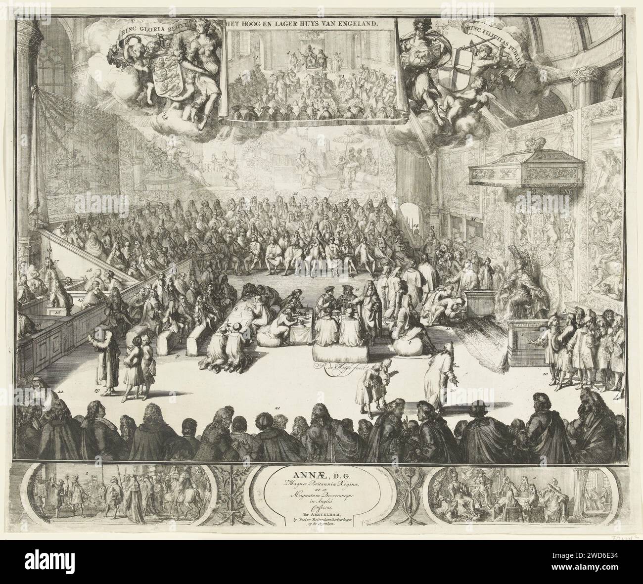 Sede della camera dei comuni con la regina Anna sul trono, 1702, Romeyn de Hooghe, 1702 stampa sede della camera bassa con la regina Anna sul trono, probabilmente alla sua ascesa nel 1702. A destra la regina sul trono di fronte ai membri della camera bassa e dei Klerken. Tutte le pareti sono ricoperte di arazzi. Sopra un cartiglio con un'immagine dal titolo: L'huys alto e basso dell'Inghilterra. Figure allegoriche con le armi dell'Inghilterra da entrambe le parti. In basso due piccole scene della vita della regina Anna. Manca la dichiarazione dei numeri e delle lettere nelle esecuzioni. stampa Foto Stock