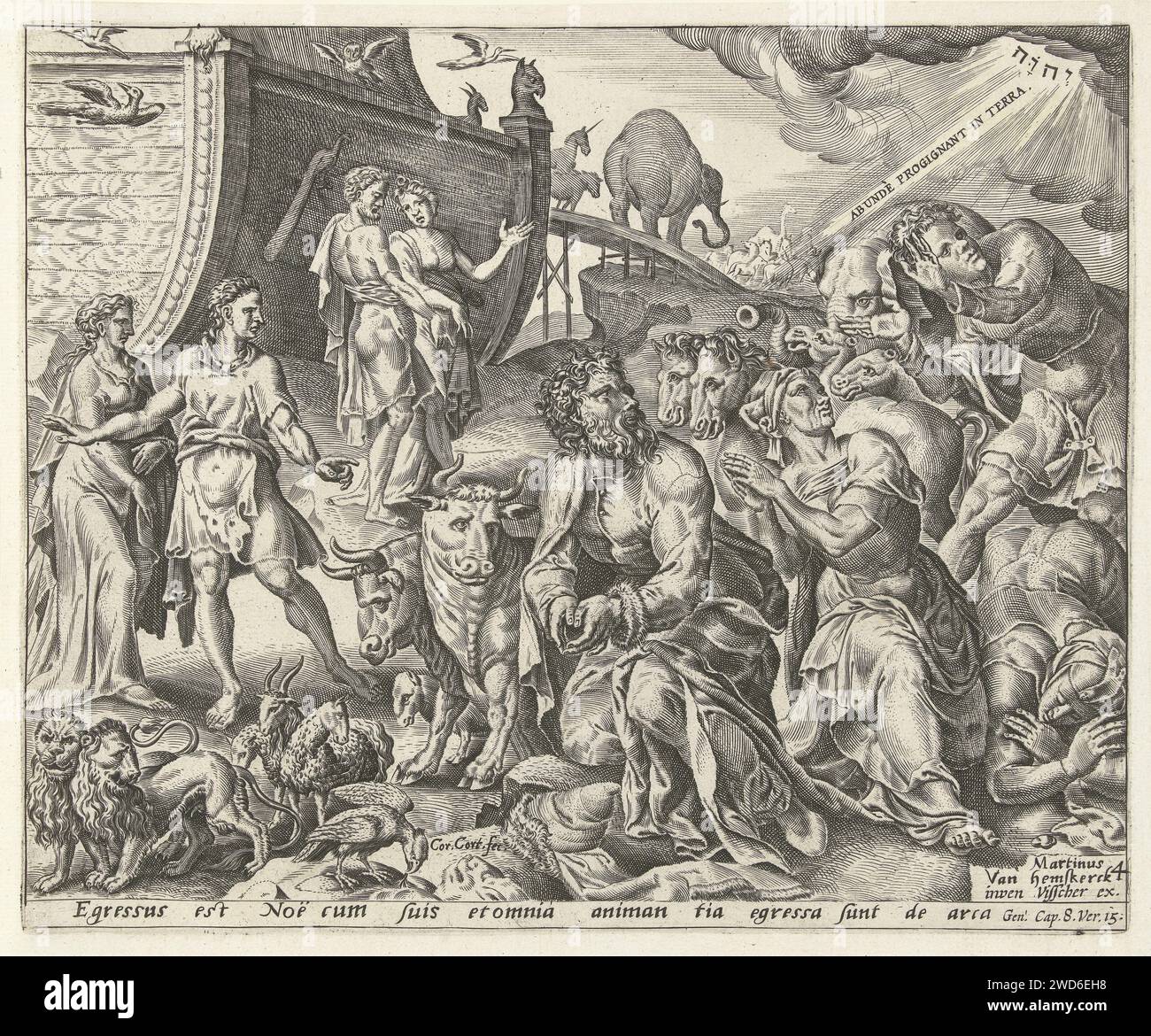 Noè ringrazia Dio per il salvataggio dell'Arca, Cornelis Cort, dopo Maarten van Heemskerck, 1600 - 1652 stampa Noè e la sua famiglia si inginocchiano a terra, guardando verso il simbolo di Dio (un cerchio luminoso con le lettere ebraiche per Jahweh) sopra di loro in una nuvola. Sul retro sinistra l'Arca, da cui gli animali attraversano un passaggio pedonale. Tipografia: Unknownpublisher: Amsterdam cartaceo che incide il sacrificio di Noè; vengono offerti vari animali, forse un agnello, una colomba e un ariete (spesso combinati con l'arcobaleno dell'alleanza). Tetragramma (in alfabeto romano o ebraico)  simbolo di Dio padre Foto Stock