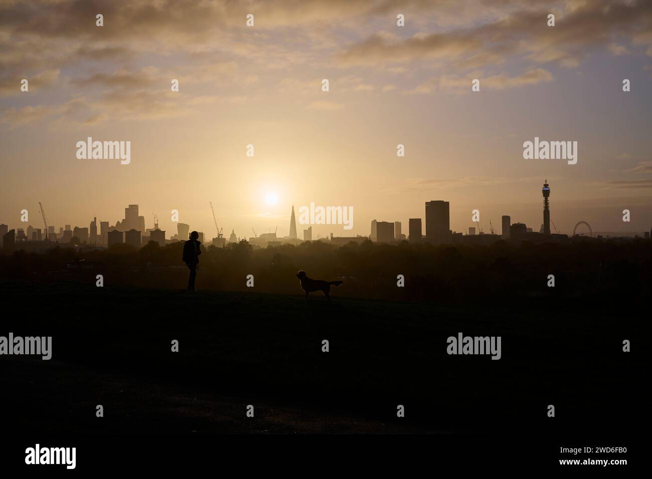 Silhouette di un cane e proprietario a Primrose Hill all'alba con il sorgere del sole su Londra. Foto Stock