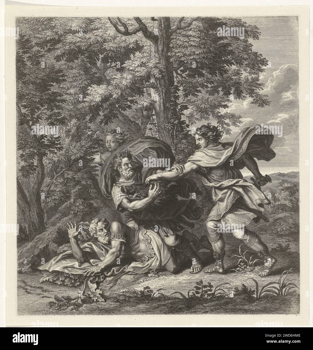 Melager combatte con i suoi zii intorno allo Zwijnenkop, Jacob Folkema, 1702 - 1767 stampe Melager ha ucciso lo Zwijn caledoniano e vuole dare la testa del maiale alla sua amata Atalanta. I due zii di Melager non sono d'accordo con questo, il che porta a una svolta. Uno zio è già a terra, l'altro zio combatte con Meleager intorno alla testa del cinghiale. L'incisione/incisione di carta del cinghiale viene uccisa, di solito da Meleager Foto Stock