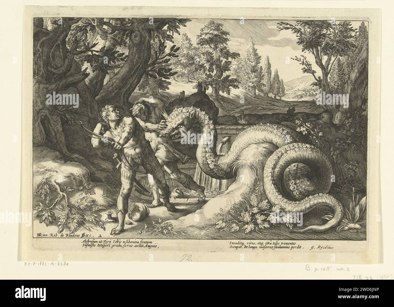 Cadmus compagni divorati da un drago, Hendrick Goltzius (laboratorio di), dopo Hendrick Goltzius, stampa del 1615 quando Cadmus ha raggiunto la sua destinazione con la sua mucca, chiede ai suoi compagni di prendere l'acqua da una fonte vicina. Tuttavia, è monitorato da un drago. Questo mostro attacca gli uomini. Sull'impronta, il drago e' uno degli uomini al suo fianco. Due volte due righe di testo latino sotto la performance. Questa stampa fa parte di una serie di 52 stampe che rappresentano storie delle metamorfosi di Ovidio. Questa serie è suddivisa in tre serie numerate: Due di 20 stampe e una di 12 stampe. Questa impronta appartiene Foto Stock