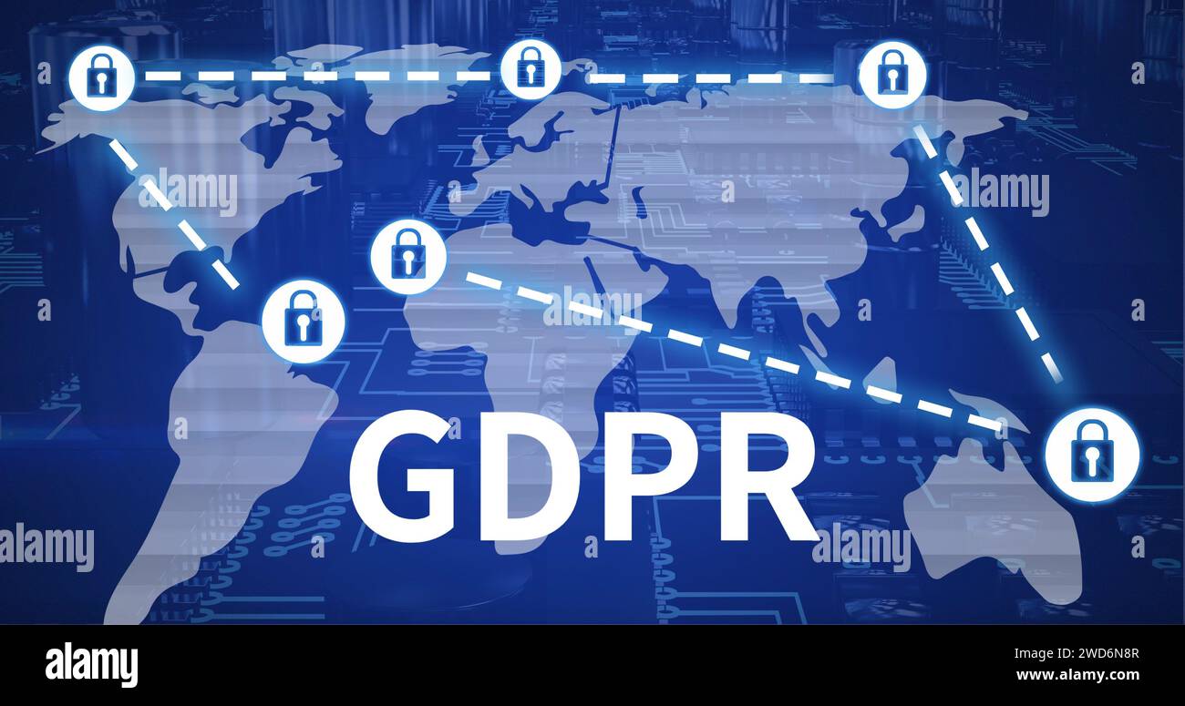 L'immagine illustra l'impatto globale del GDPR sulla protezione dei dati personali. Foto Stock
