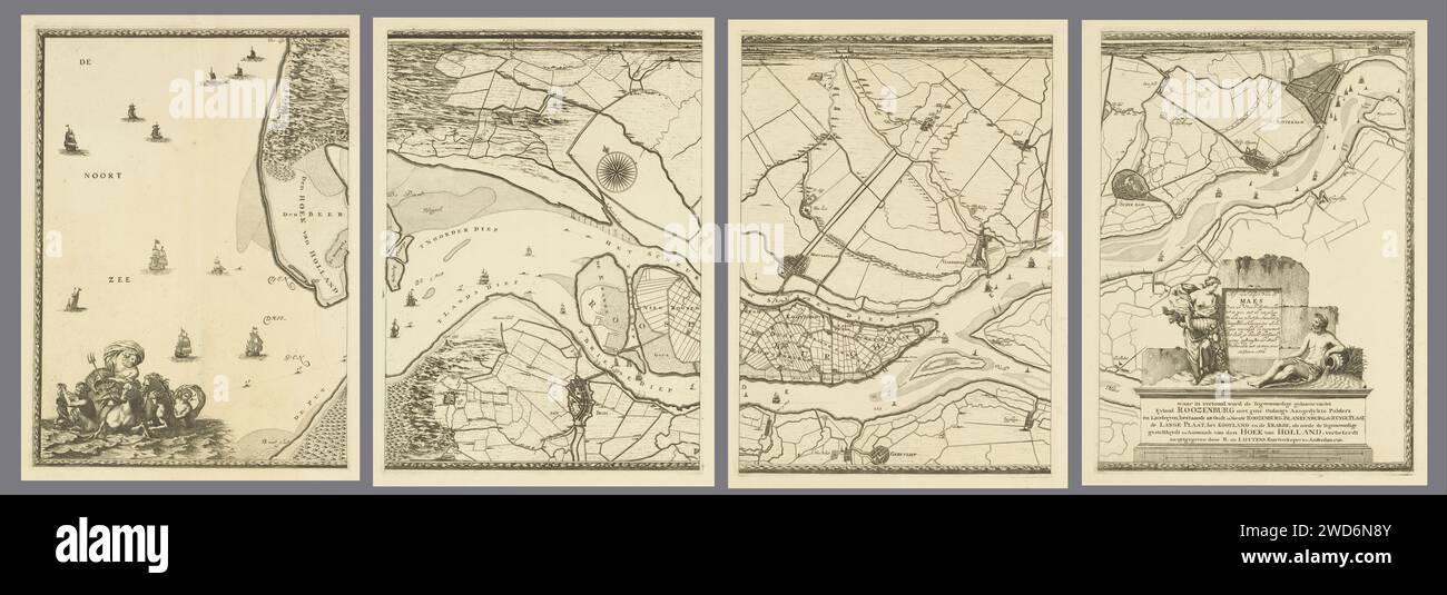 Mappa del Maas da Rotterdam al Mare del Nord, composta da quattro parti, Joost van Geel, Reinier Ottens (i) e Josua, 1740 Stampa Mappa del Maas van Rotterdam (in alto a destra) fino alla sua foce nel Mare del Nord (a sinistra). In basso a sinistra Neptunus con un tritone e altre creature marine. In basso a destra il titolo Cartouche con una figura femminile con il corno dell'abbondanza e a destra un dio del fiume. Tra questi due bastoni di scala: Un guadagno Hollantse Myle; Un UER squillò. Tipografia: Rotterdam editore: Amsterdampublisher: Rotterdam cartaceo incisione mappe di paesi o regioni separati. mappe di Foto Stock
