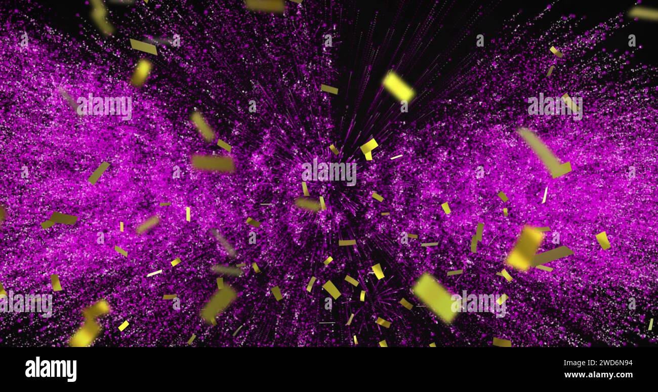 Una vibrante esplosione viola di glitter e fasci di luce Foto Stock