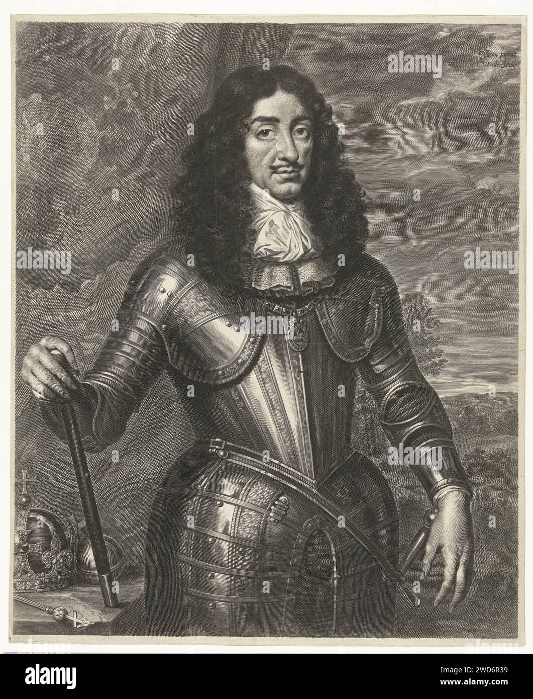 Ritratto di Leopoldo i, Imperatore di Germania, Cornelis van Dalen (II), dopo Pieter Nason, 1648 - 1664 stampa Ritratto di Leopoldo i, Imperatore di Germania, in piedi in imbracatura con Keizersattributes accanto a lui: Kroon, Rijksappel e Scepter. Sullo sfondo drappeggi e paesaggi. Sfera di carta per incisione Amsterdam (simbolo di sovranità; sfera con croce in alto) Foto Stock