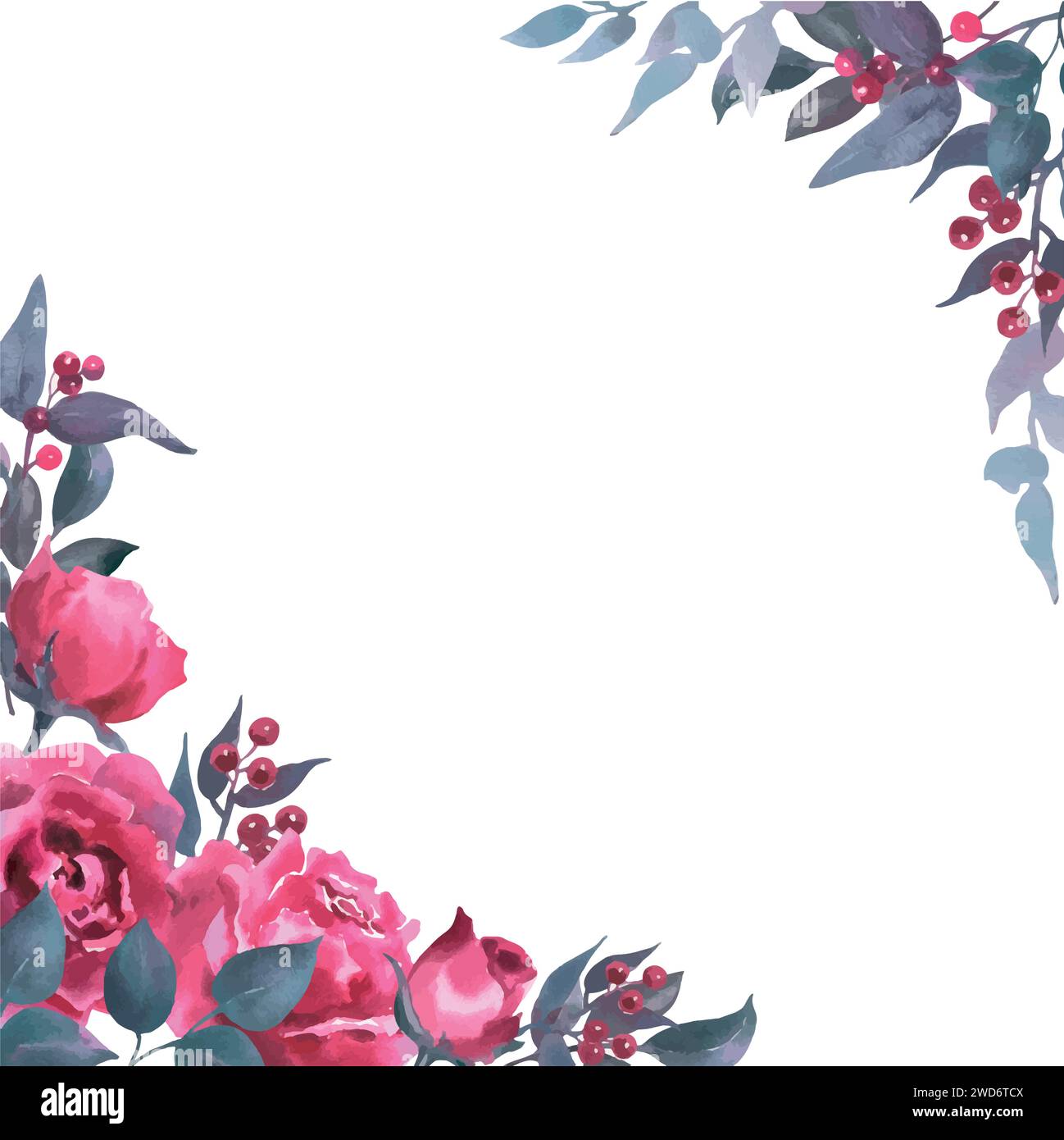 Cornice con rose viva mangenta, gemme, foglie, eucalipto e bacche rosse. Elemento clipart rosa disegnato a mano isolato su sfondo bianco Illustrazione Vettoriale