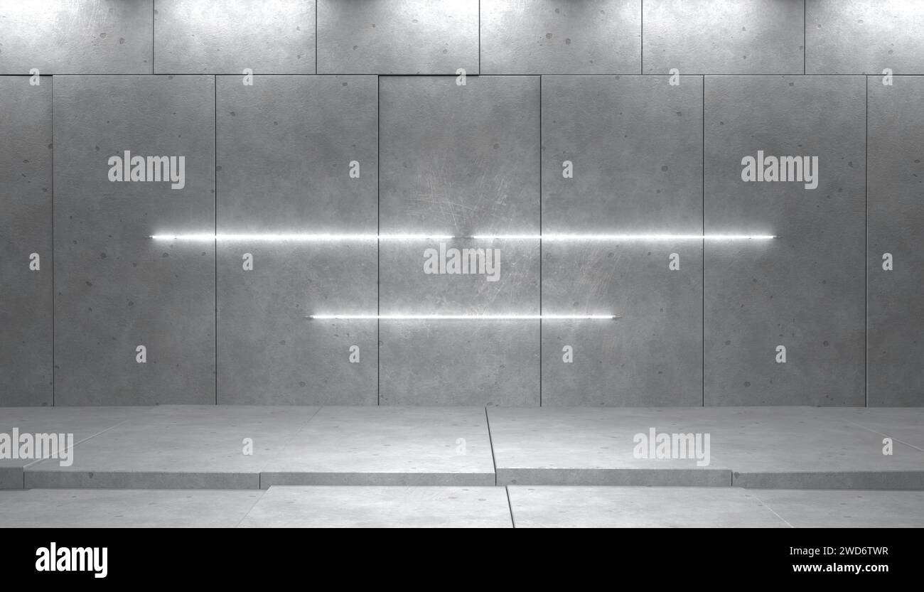 Sfondo di vecchie pareti in cemento in scala di grigi, lampade al neon orizzontali, spazio di copia, illustrazione 3d. Foto Stock