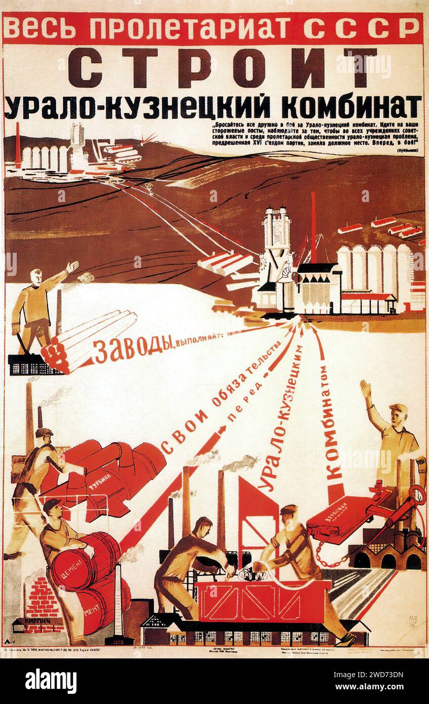 Vladimir Lyushin. Costruzione dello stabilimento Ural-Kuznetsk. 1931 - pubblicità e propaganda sovietica d'epoca - "l'intero proletariato dell'URSS sta costruendo la combinazione Ural-Kuznetsk" il poster mostra i lavoratori impegnati in varie attività industriali, con fabbriche e costruzioni sullo sfondo. Lo stile ricorda la propaganda industriale sovietica, utilizzando forme geometriche e una tavolozza di colori limitata per enfatizzare il tema industriale. Foto Stock