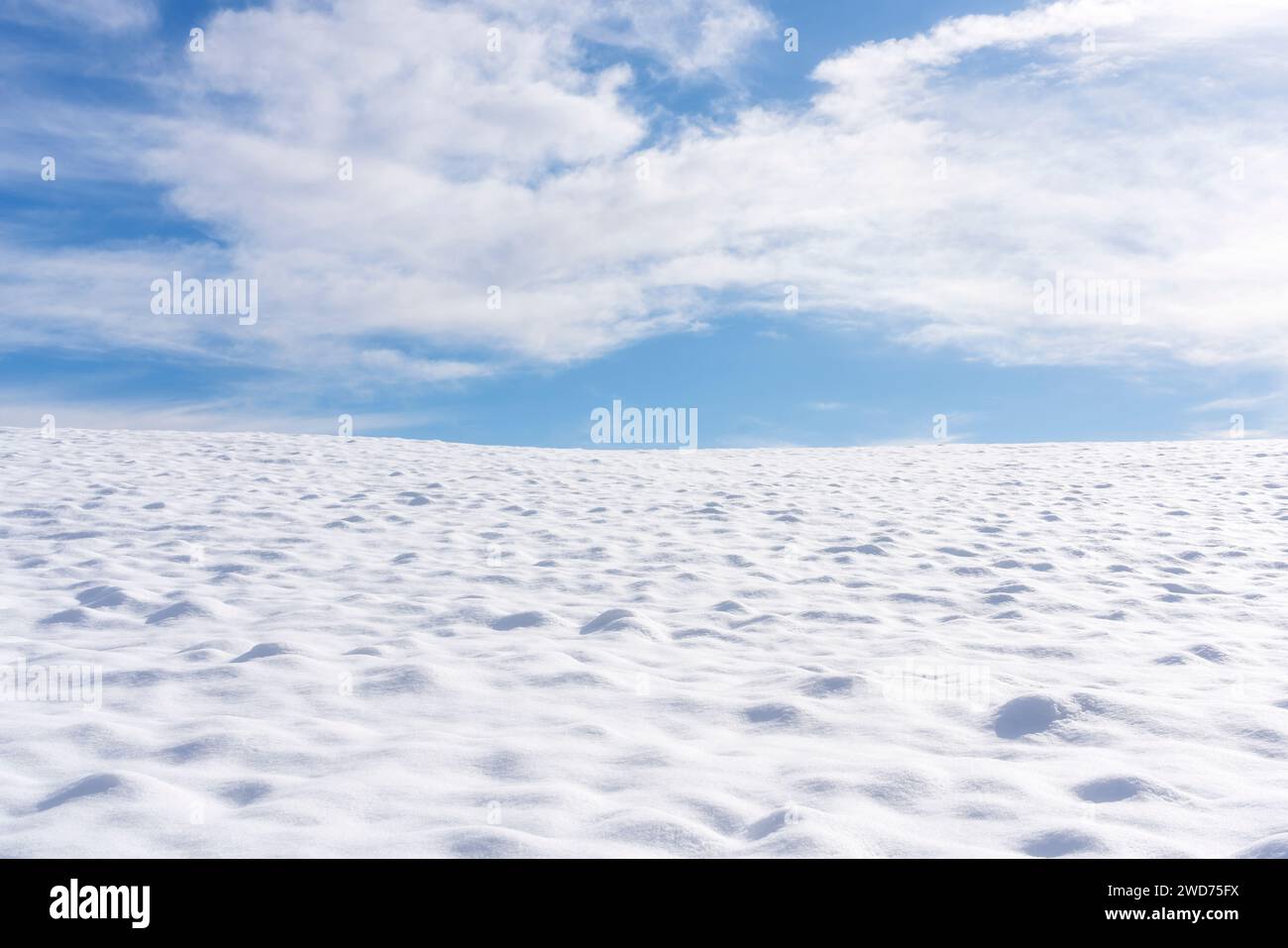 Panorama invernale astratto con terreno ondulato innevato e cielo limpido con alcune nuvole. Regione Toscana, Italia Foto Stock