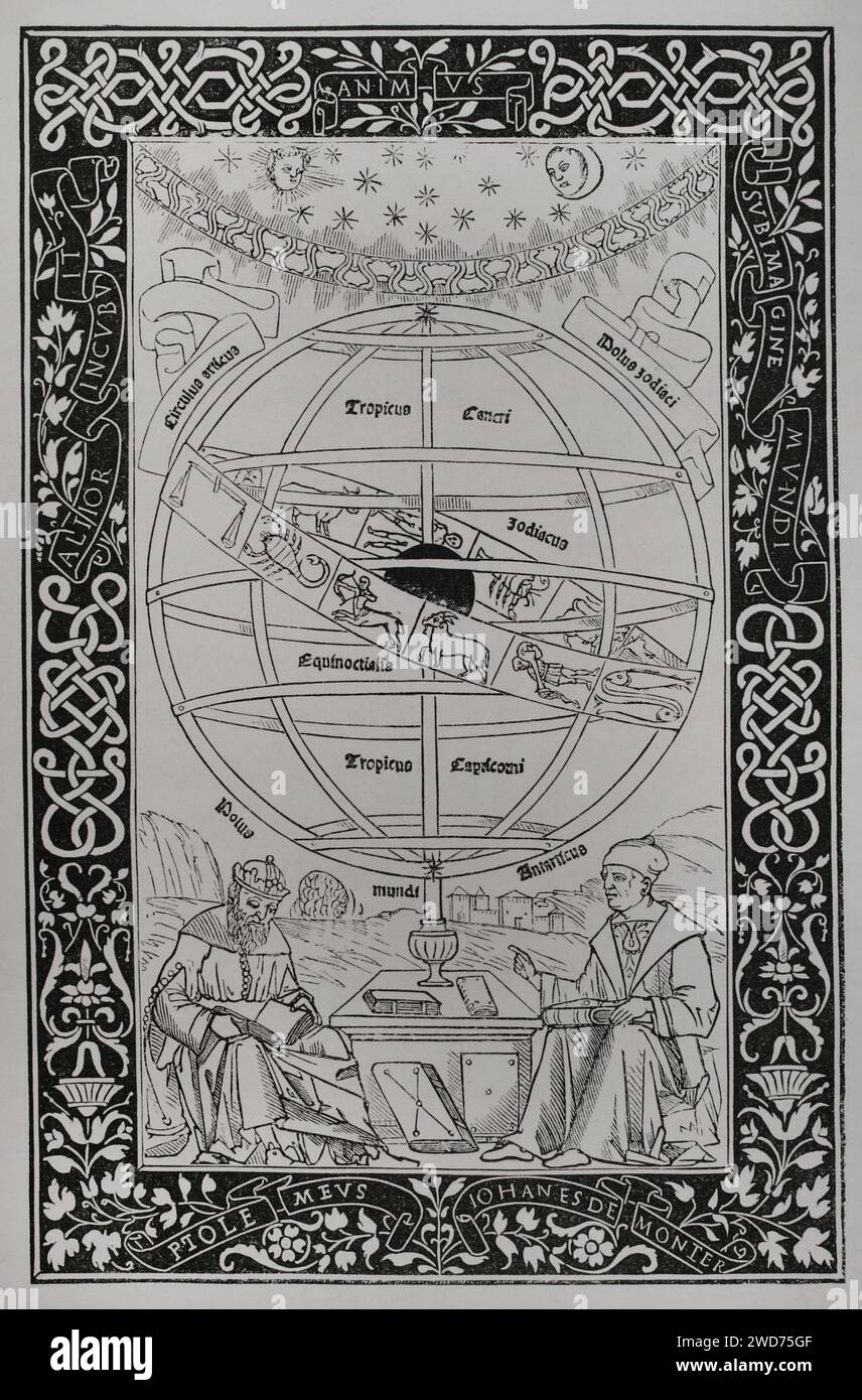 Sistema tolemaico. Facsimile di un'incisione di Epitoma in Almagestum Ptolemaei, di Johannes Müller von Königsberg (1436-1476), noto come Regiomontanus, e Georg von Peuerbach (Georgius Purbachius) (1423-1461), pubblicato a Venezia nel 1496. Sciences & Lettres au Moyen Age et à l'époque de la Renaissance. Parigi, 1877. Foto Stock