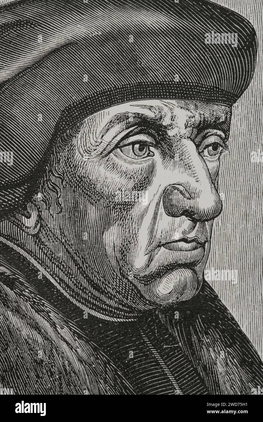 Erasmus (c. 1466-1536). Teologo olandese, filosofo e umanista. Ritratto. Dettagli. Incisione. Sciences & Lettres au Moyen Age et à l'époque de la Renaissance. París, 1877. Foto Stock