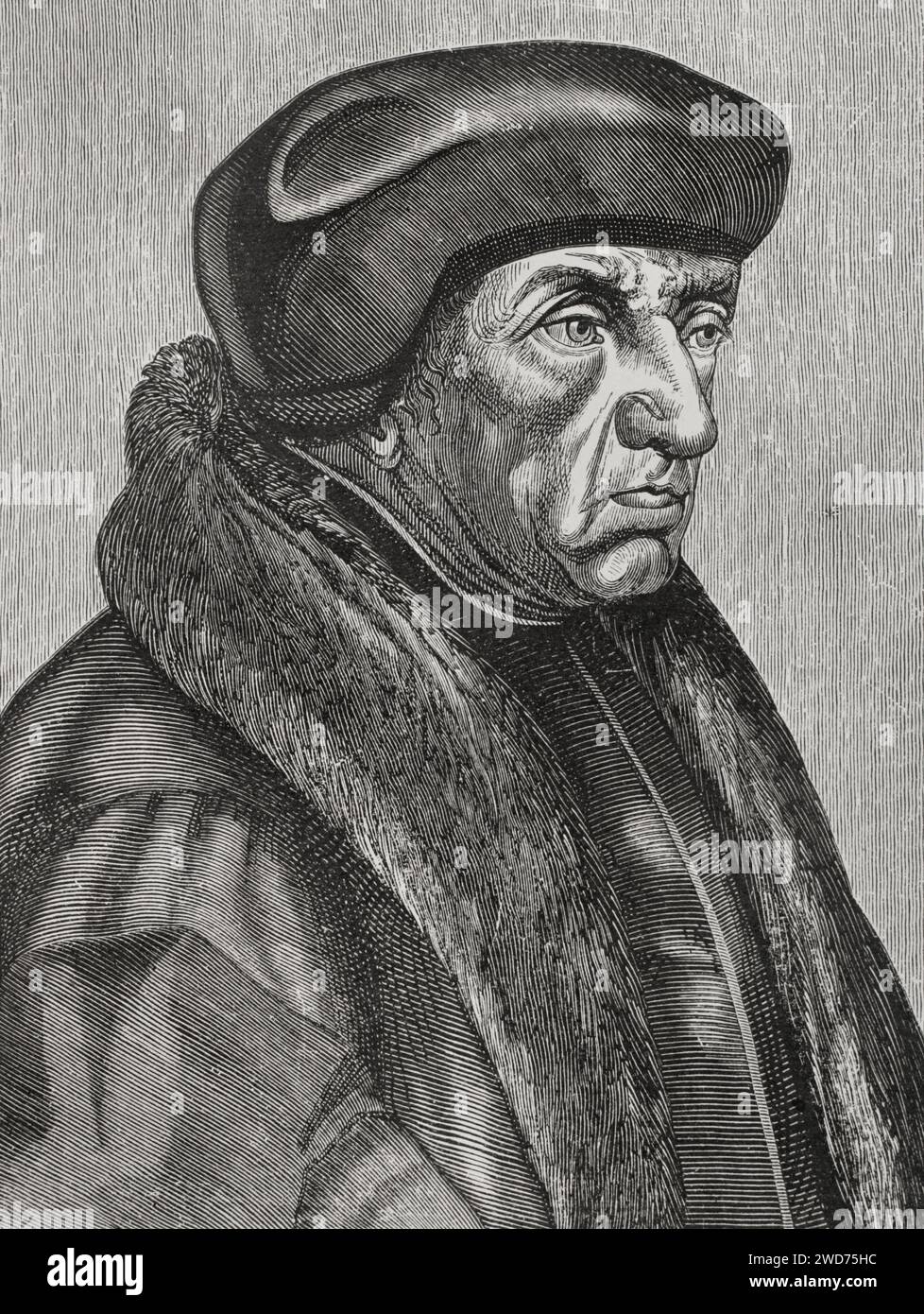 Erasmus (c. 1466-1536). Teologo olandese, filosofo e umanista. Ritratto. Incisione. Sciences & Lettres au Moyen Age et à l'époque de la Renaissance. París, 1877. Foto Stock