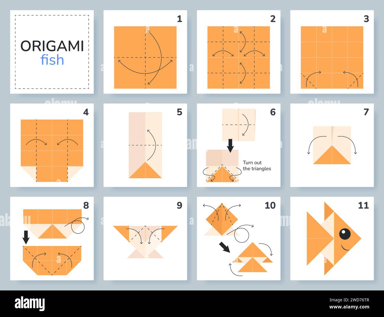 Origami tutorial per bambini. Pesce carino Origami. Illustrazione Vettoriale