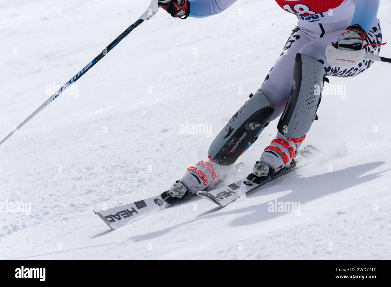 Vista ravvicinata del paesaggio dello sciatore alpino che scierà lungo una pista da sci alpina. Campionato internazionale di sci, sci alpino russo Foto Stock