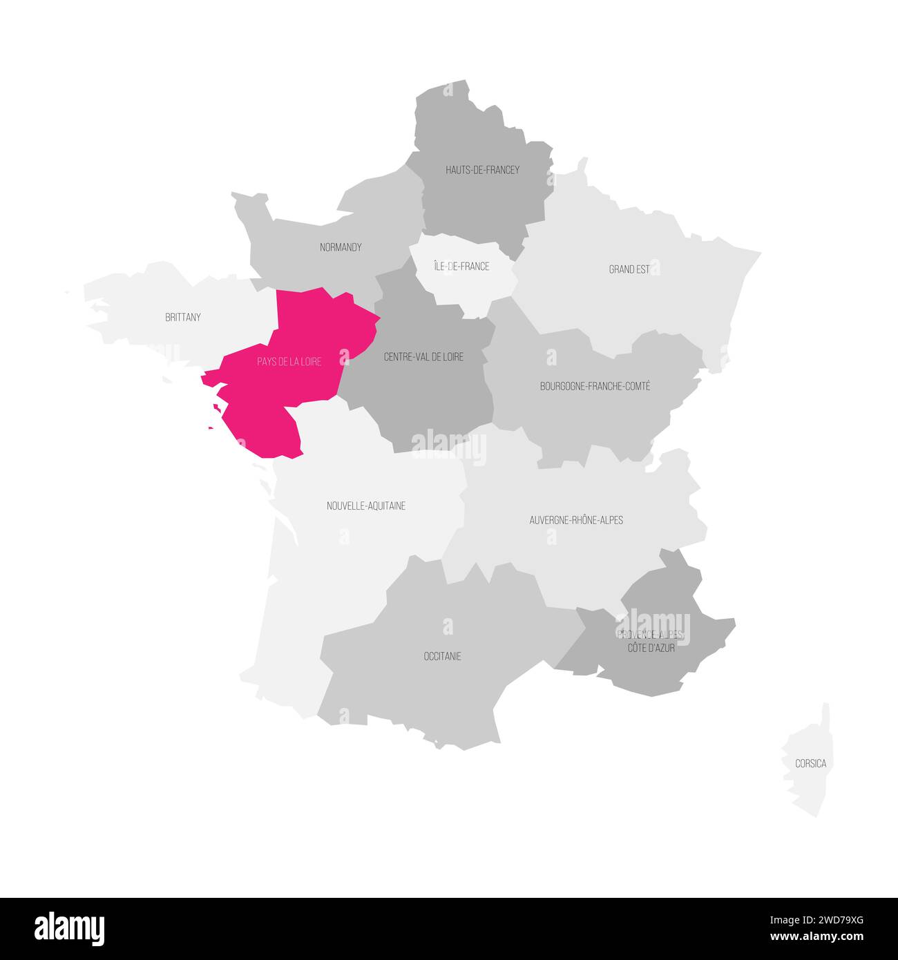 Pays de la Loire - mappa della divisione amministrativa, della regione, evidenziata in rosa nella mappa della Francia Illustrazione Vettoriale
