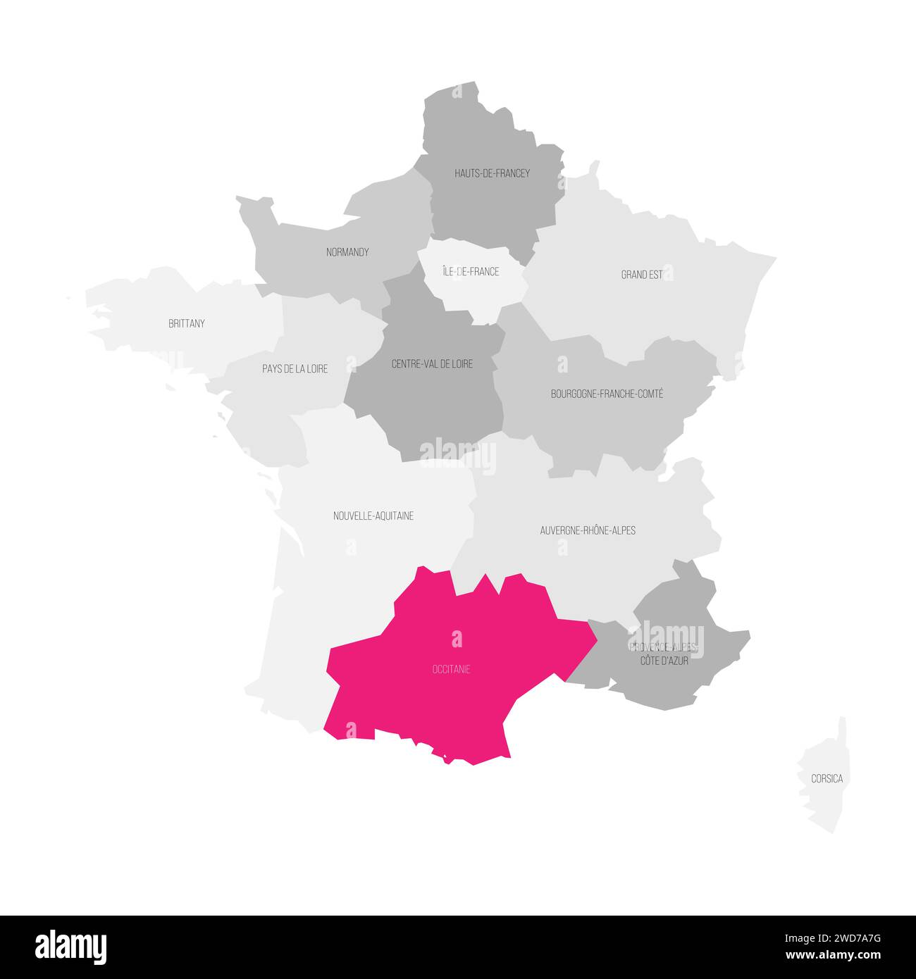 Occitania - mappa della divisione amministrativa, regione, evidenziata in rosa nella mappa della Francia Illustrazione Vettoriale