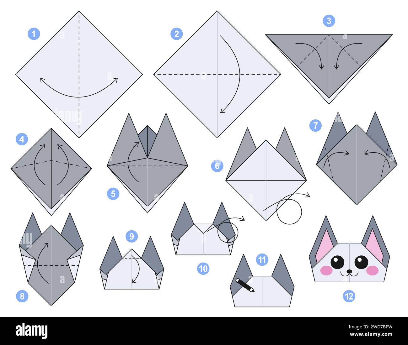 Origami tutorial per bambini. Origami gatto carino Immagine e Vettoriale -  Alamy