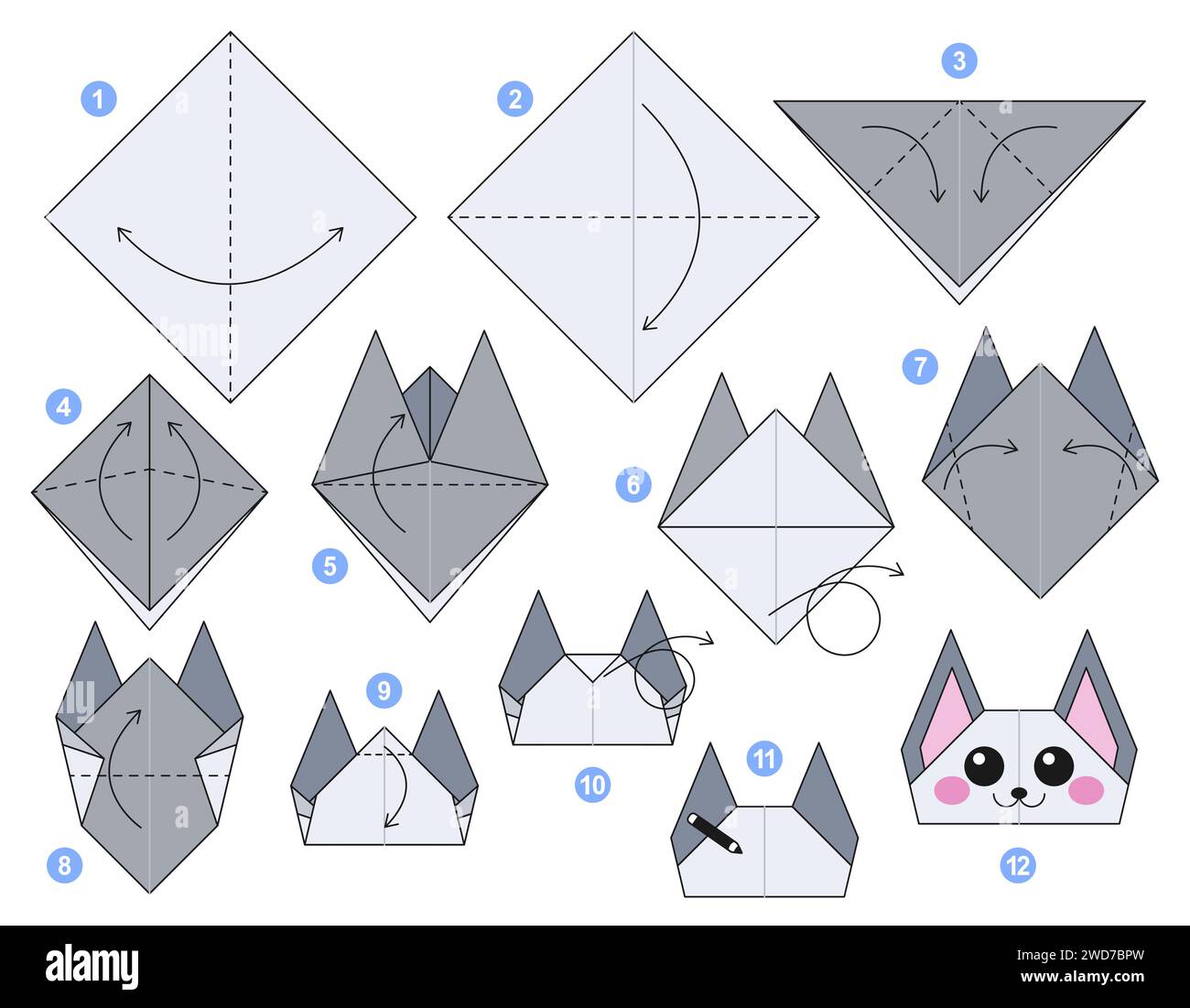 Origami tutorial per bambini. Origami gatto carino. Illustrazione Vettoriale