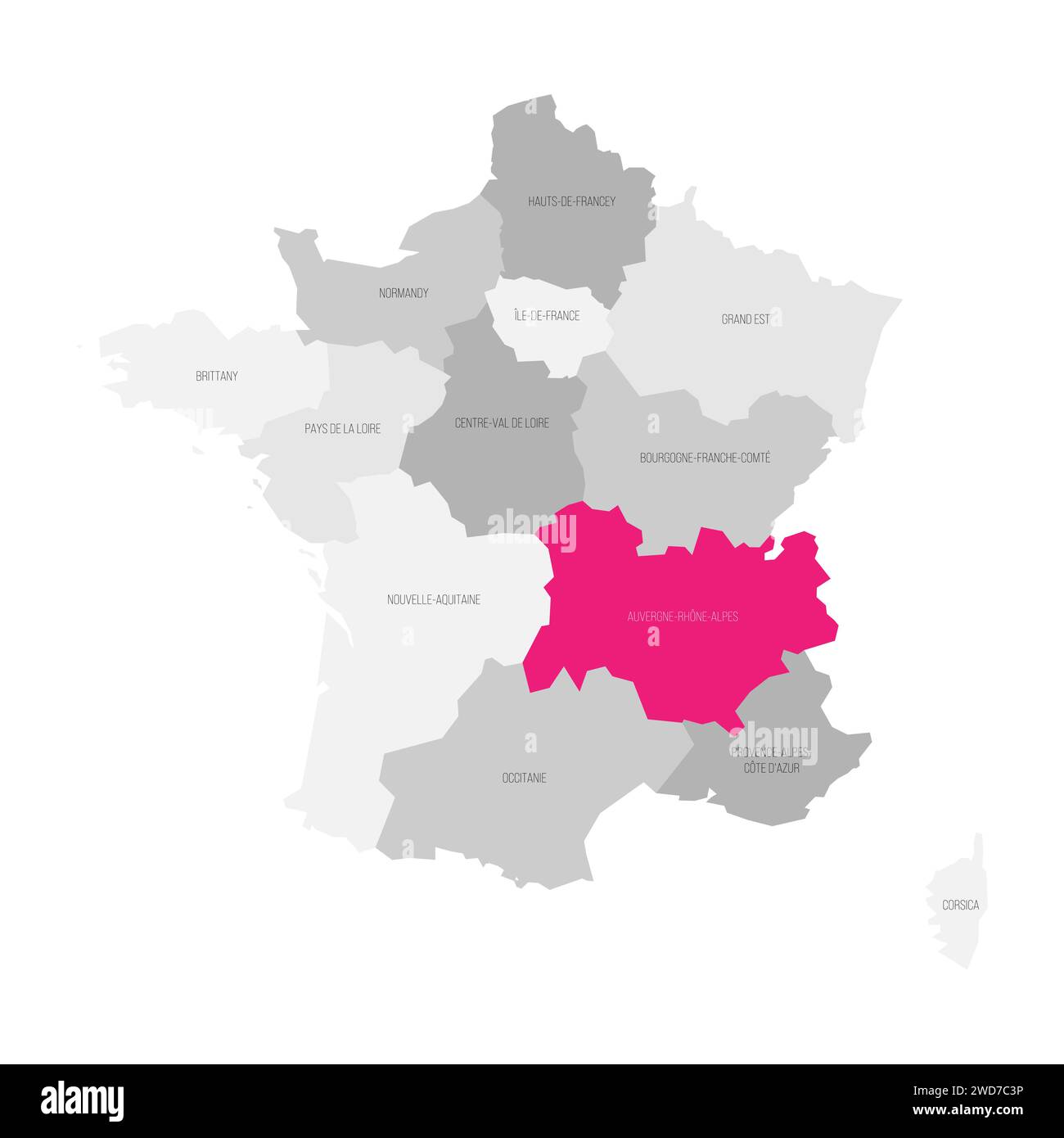 Auvergne-Rhone-Alpes - Mappa della divisione amministrativa, regione, rosa evidenziata nella mappa della Francia Illustrazione Vettoriale