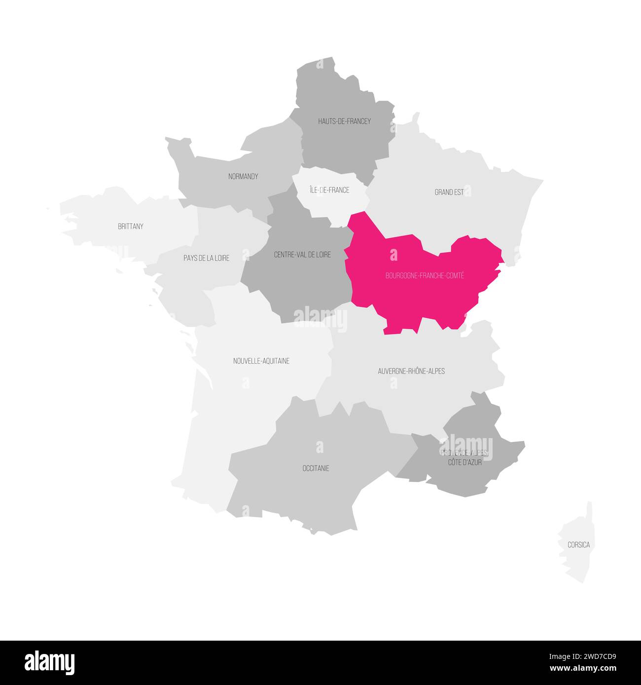 Bourgogne-Franche-Comte - Mappa della divisione amministrativa, regione, rosa evidenziata nella mappa della Francia Illustrazione Vettoriale