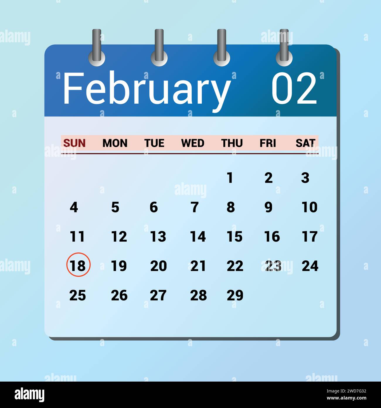 18 febbraio. Calendario a icone piatte isolato su sfondo blu. Illustrazione del vettore di data e mese Illustrazione Vettoriale