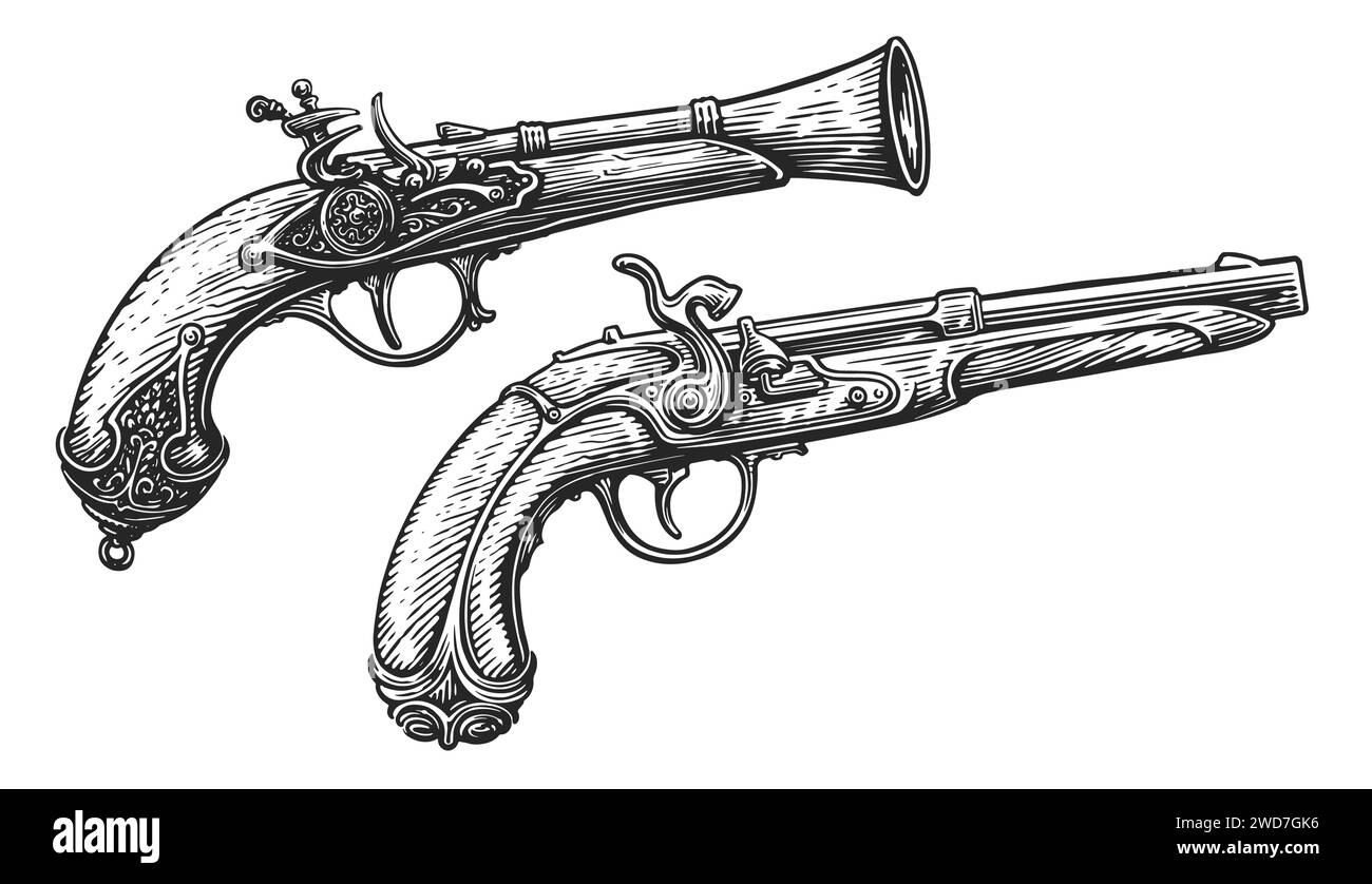 Antica pistola a moschetto con impugnatura in legno. Schizzo della pistola Flintlock. Disegno a mano illustrazione vettoriale vintage Illustrazione Vettoriale