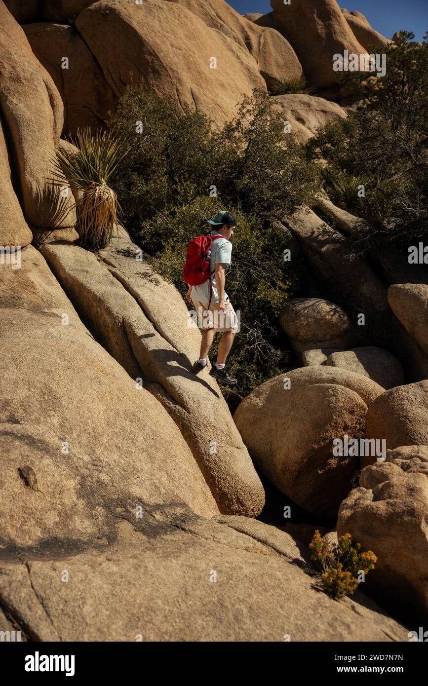 Un ragazzino nel deserto che salta dalla roccia Foto Stock