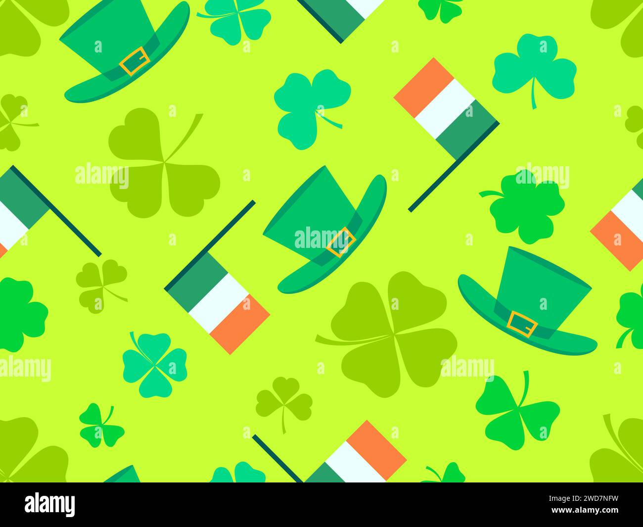 Motivo senza cuciture con bandiera irlandese, foglie di trifoglio e cappello in leprechaun per St. Patrick's Day. Simboli della festa irlandese. Design festivo per la carta da parati, Illustrazione Vettoriale
