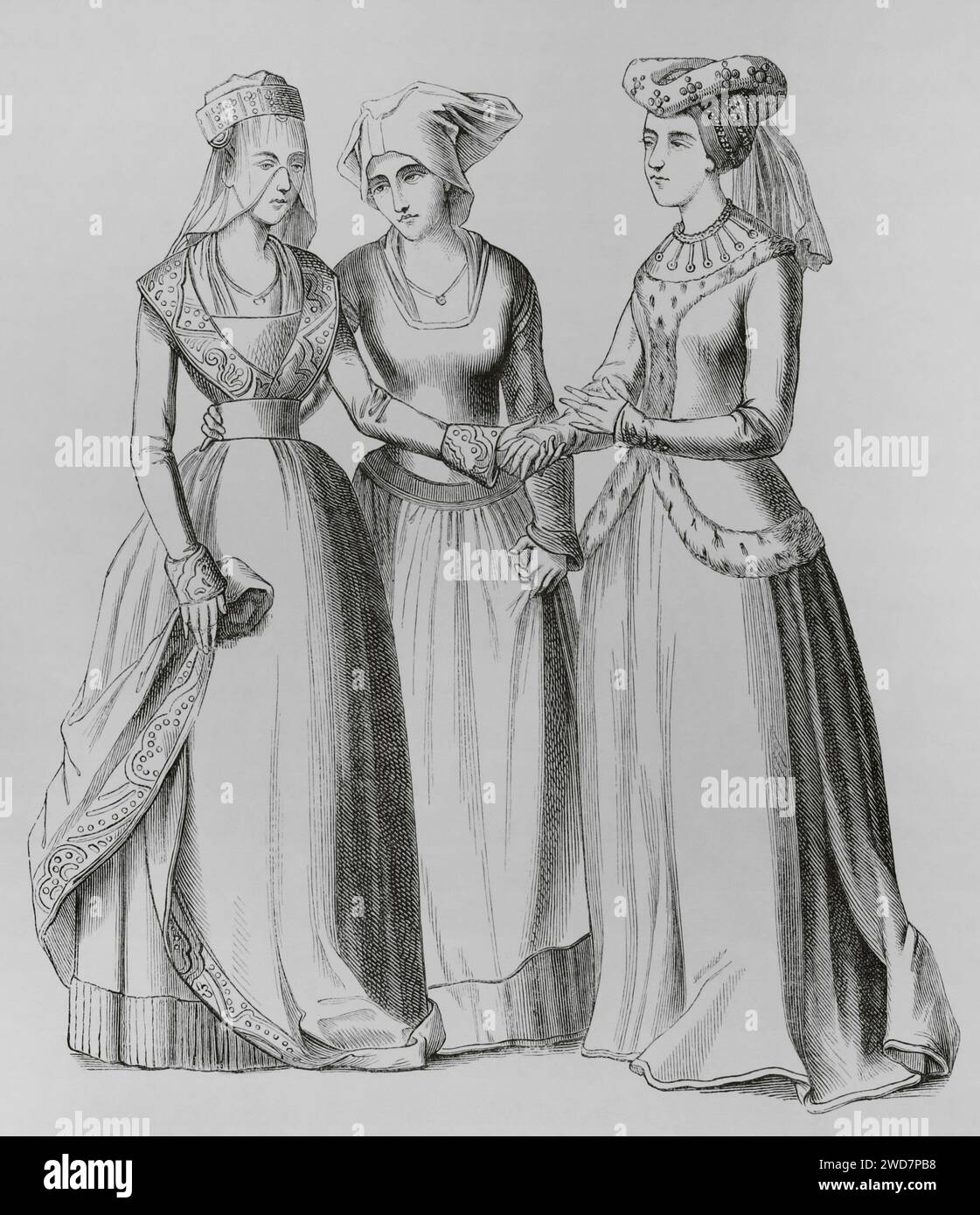 Una borghesia, una contadina e una nobildonna, XIV secolo. Incisione. "Moeurs, usages et costumes au moyen-âge et à l'époque de la Renaissance", di Paul Lacroix. Parigi, 1878. Foto Stock Una borghesia, una contadina e una nobildonna, XIV secolo. Incisione. "Moeurs, usages et costumes au moyen-âge et à l'époque de la Renaissance", di Paul Lacroix. Parigi, 1878. Foto Stock
