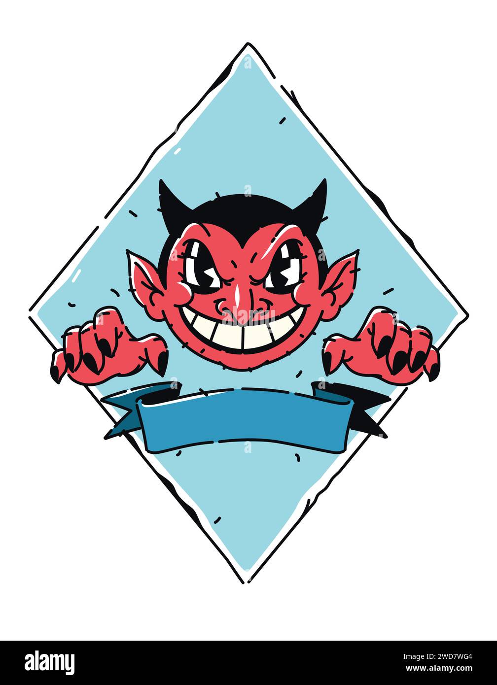 Illustrazione di un simpatico demone rosso. Vettore. Devil, Lucifer è un cartone animato, non un personaggio per bambini. Mascotte eroina per i fumetti. Immagine per il design della T-shirt. Illustrazione Vettoriale