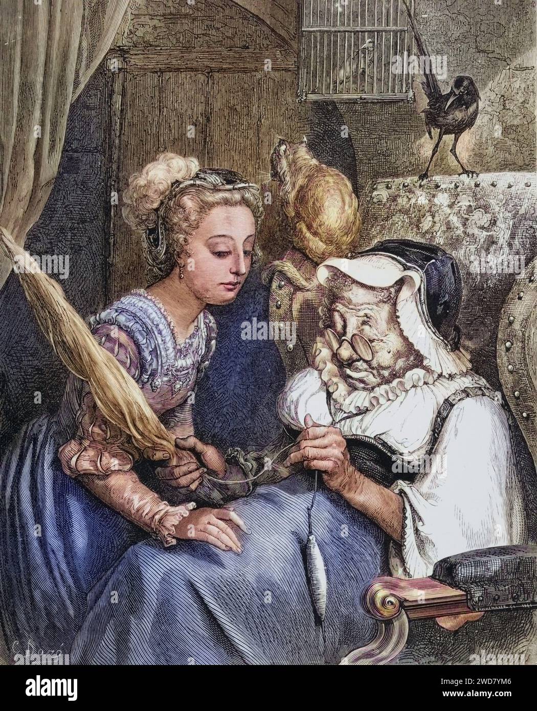 Illustrazione von Gustave Dore (1832-1883) für Fairy World von Tom Hood mit der Prinzessin aus Dornröschen im Gespräch mit der alten fee spite, Historisch, digital restaurierte Reproduktion von einer Vorlage aus dem 19. Jahrhundert, data record non indicata Foto Stock