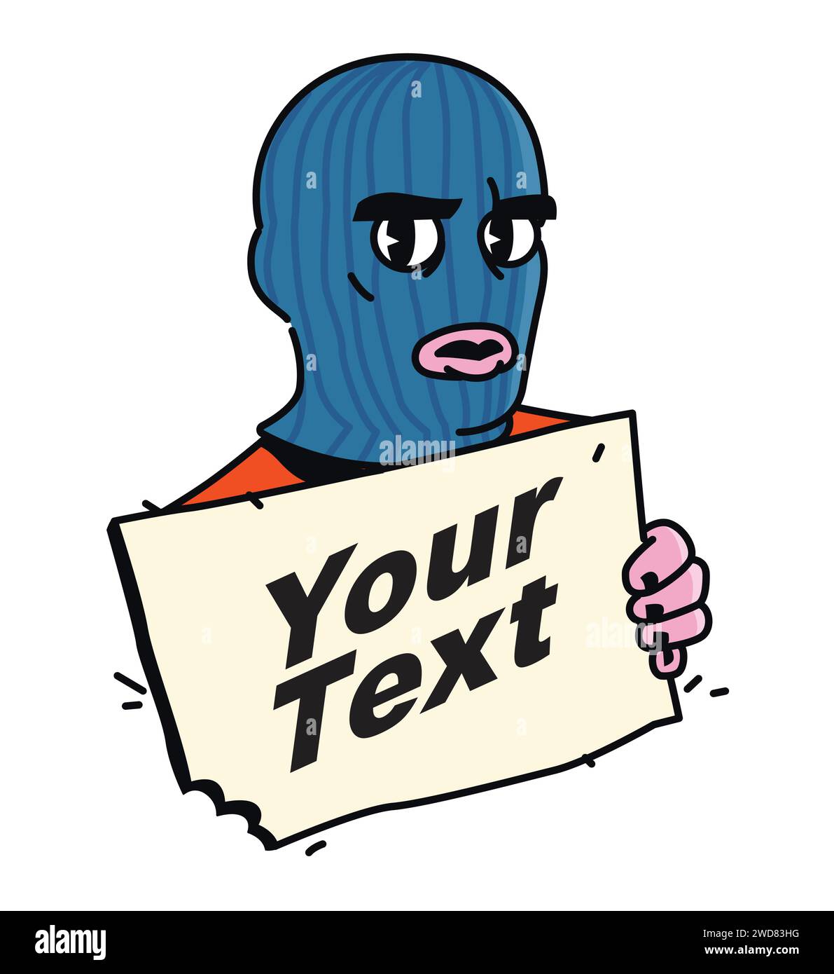 Illustrazione di un personaggio che indossa una maschera di balaclava. Vettore. Adesivo di un personaggio dei cartoni animati con un cartello per i progetti di design. Un messaggio per Th Illustrazione Vettoriale