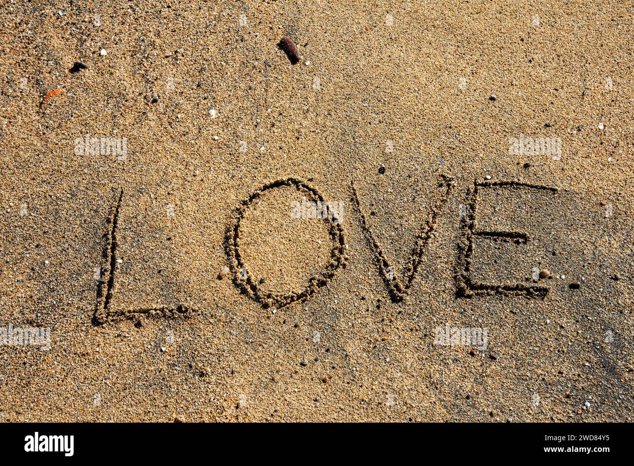 Amore impresso nelle sabbie della serenità, un momento tranquillo sulla spiaggia che cattura romantici sussurri sulla riva. Foto Stock