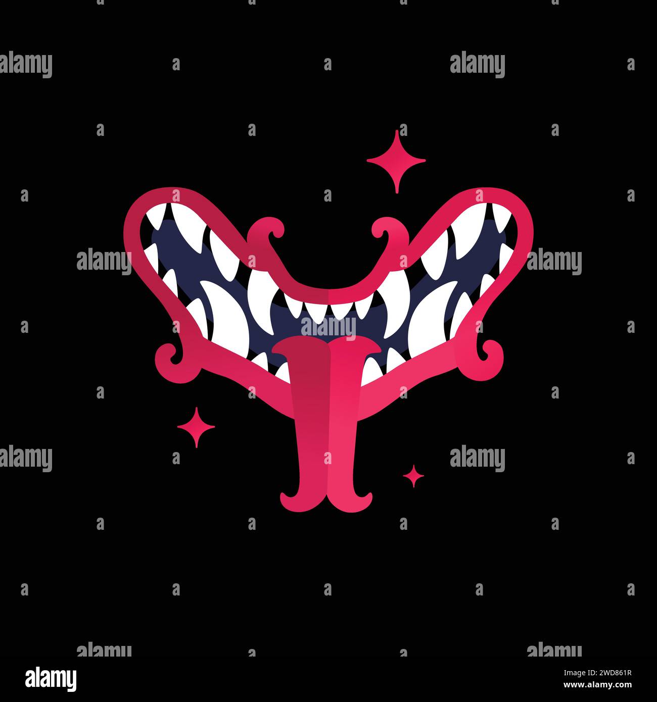 Bocca con denti e lingua rossa. Vettore. Silhouette della bocca di un demone toothy. Mascotte eroina per fumetti o giochi sportivi. Maschera per il design della t-shirt. Andate Illustrazione Vettoriale