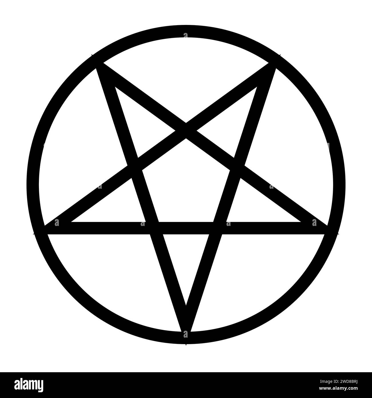 Pentagramma invertito circoscritto da un cerchio. Segno a stella a cinque punte. Magico simbolo del satanismo. Semplice illustrazione nera piatta. Illustrazione Vettoriale