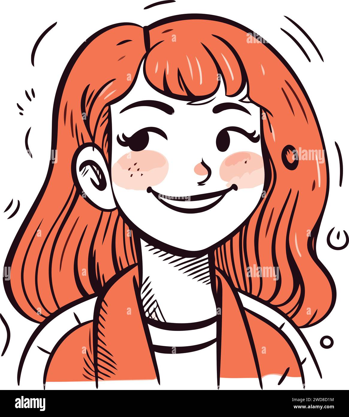 Simpatica ragazza dei cartoni animati con capelli rossi e lentiggini. Illustrazione vettoriale. Illustrazione Vettoriale