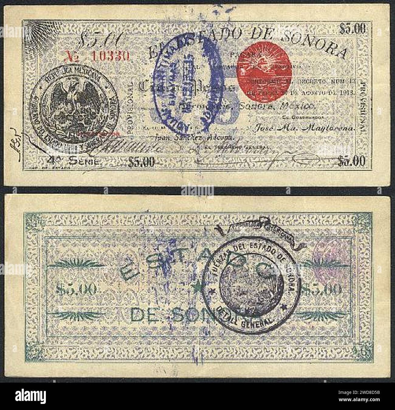 5 pesos - Stato di Sonora (periodo rivoluzionario) qualsiasi cosa ovunque. Foto Stock