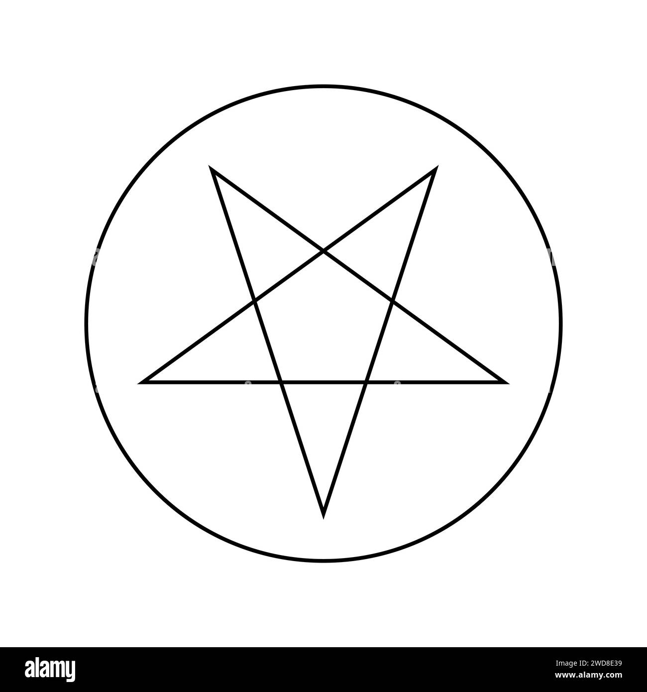 Pentagramma invertito circoscritto da un cerchio. Segno a stella a cinque punte. Magico simbolo del satanismo. Semplice illustrazione nera piatta. Illustrazione Vettoriale