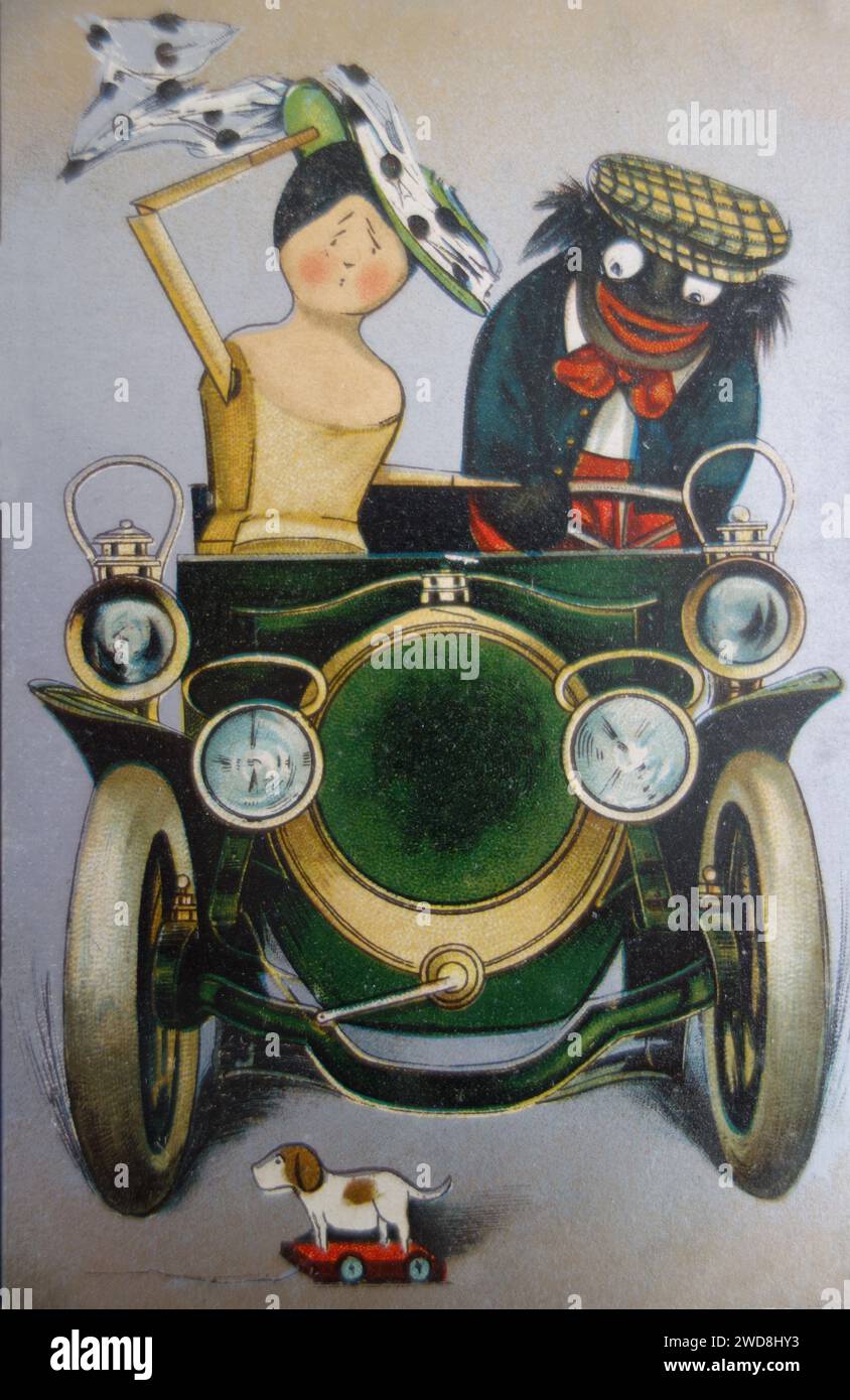 Cartolina di un Golliwog e di una bambola di legno Penny che guida un'auto di Florence Kate Upton Foto Stock