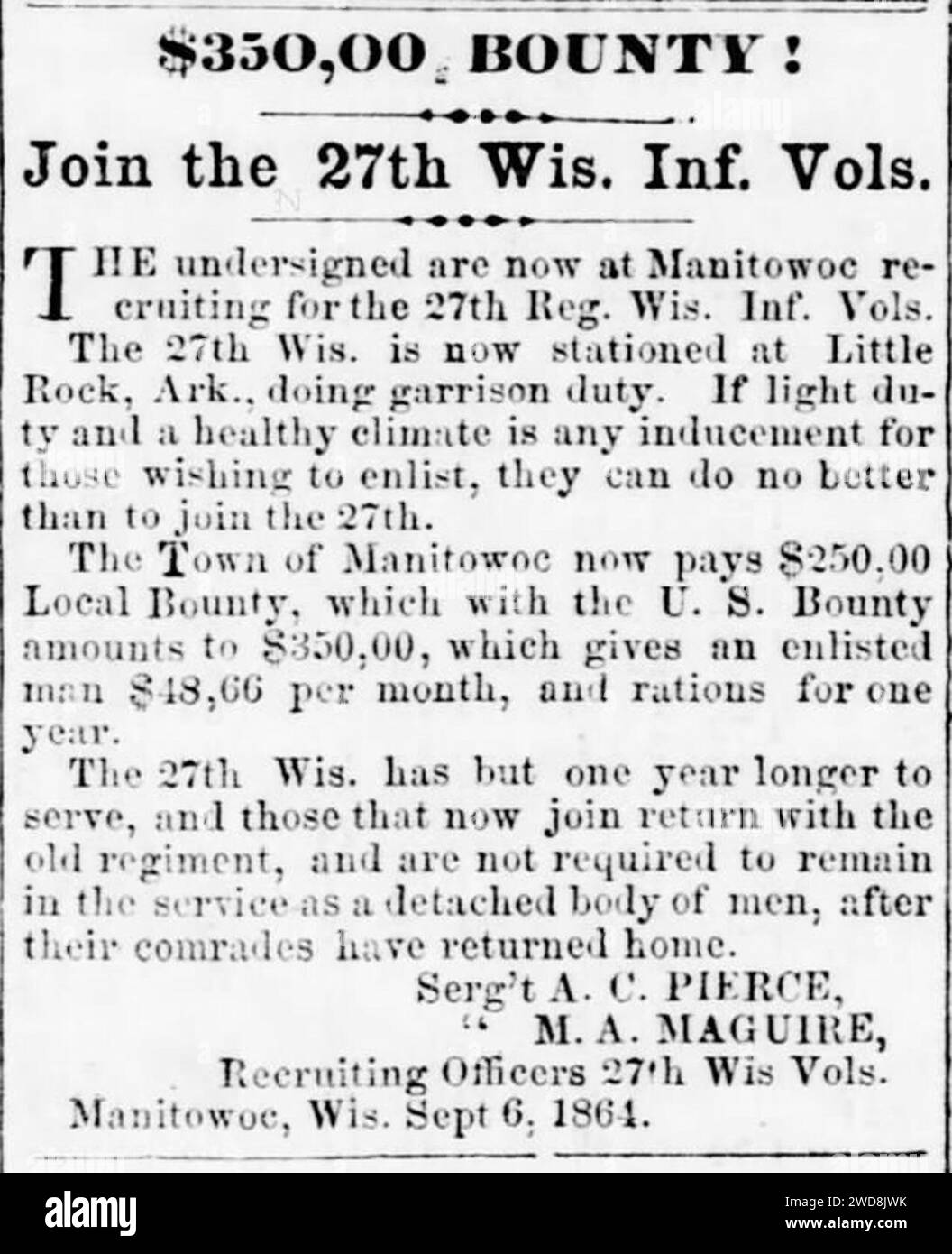 27th Wisconsin Infantry Regiment settembre 1864 reclutamento annuncio. Foto Stock