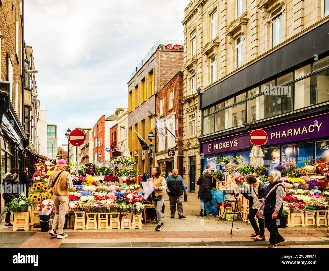 Dublino, Leinster, Irlanda settembre 26 2023 - i venditori di fiori si trovano in Grafton Street nel centro di Dublino, dove gli acquirenti sono in giro Foto Stock