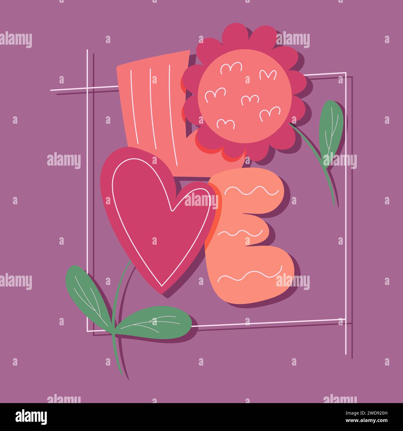 Composizione lettering disegnata a mano amore con i fiori. Design vettoriale con lettere decorate a bolla. Illustrazione Vettoriale