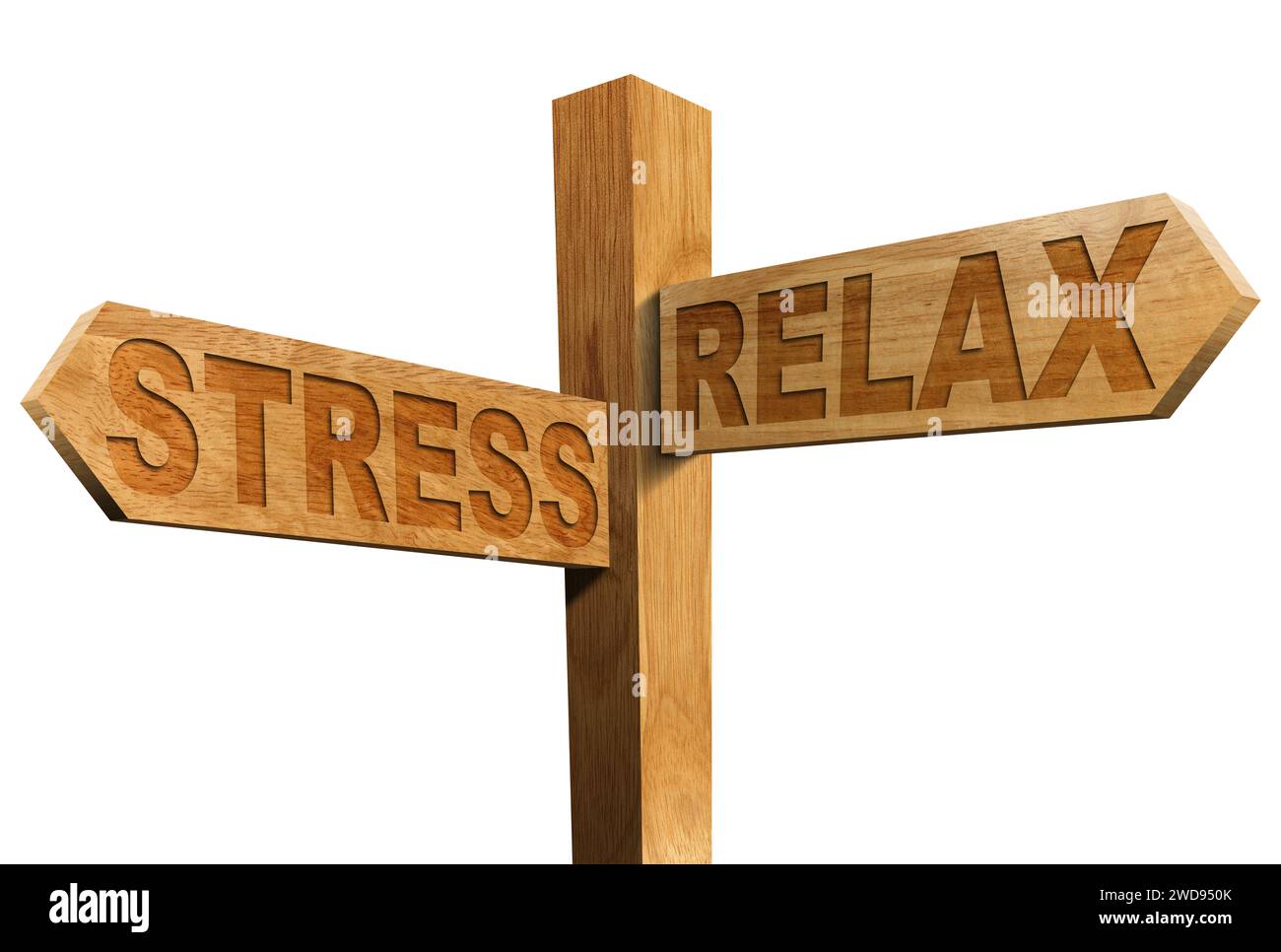 Due cartelli direzionali in legno con testo stress e relax, isolati su sfondo bianco. Foto Stock
