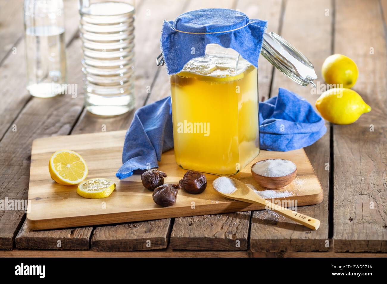 Preparazione della fermentazione in kefir d'acqua - Scoby (colonia simbiotica di batteri e lievito) Foto Stock