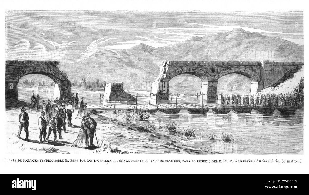 1874-10-15, la Ilustración Española y americana, Puente de pontones tendido sobre el Ebro por los ingenieros, junto al puente cortado de Cenicero, para el regreso del ejército á Logroño. Foto Stock