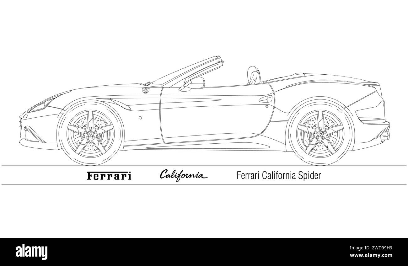 Maranello, Italia, anno 2008, sagoma Ferrari California Spider delineata, auto sportiva classica d'epoca, disegno illustrativo Foto Stock