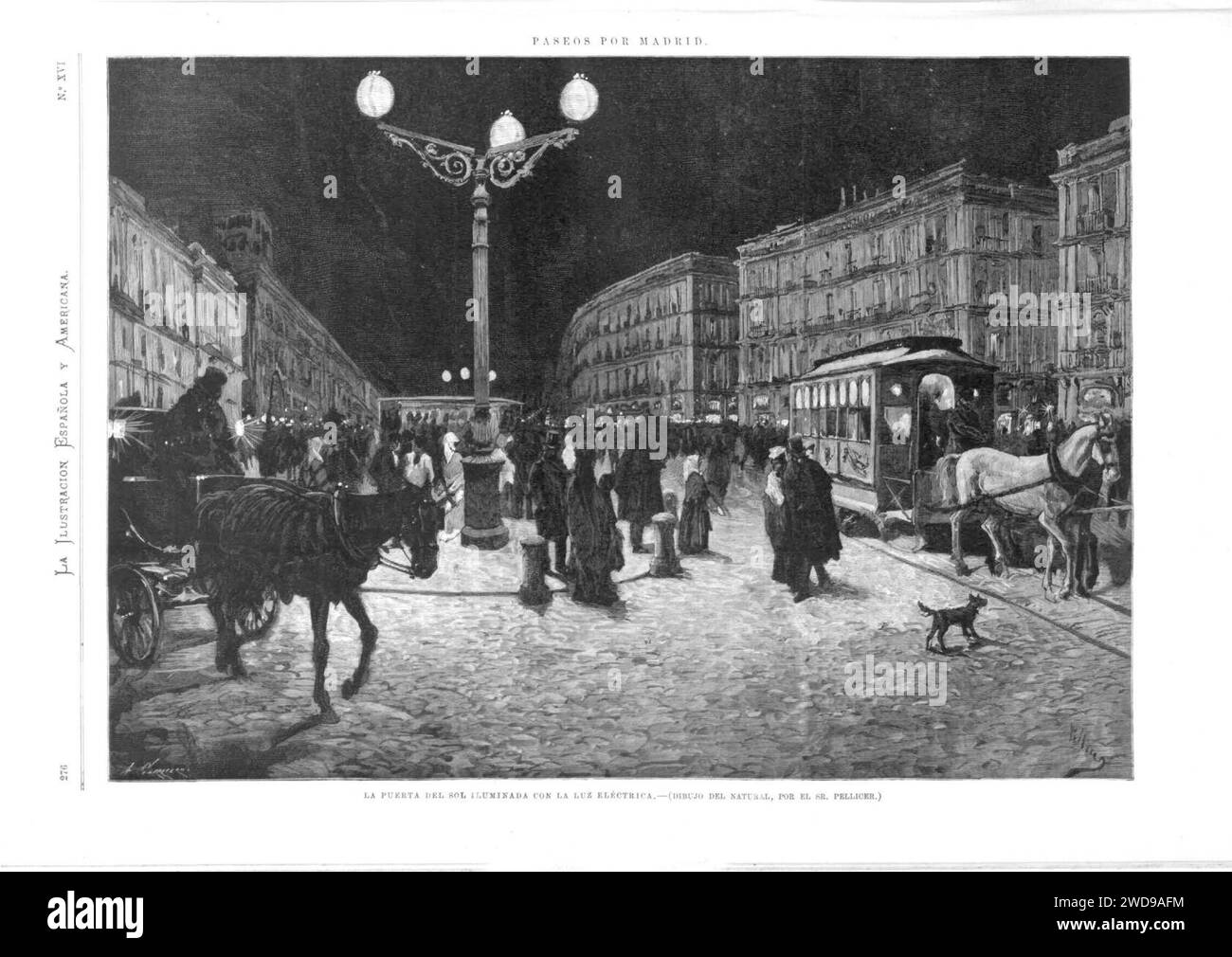 1878-03-30, la Ilustración Española y americana, Paseos por Madrid, la Puerta del Sol iluminada con la luz eléctrica Paseos por Madrid, Pellicer. Foto Stock