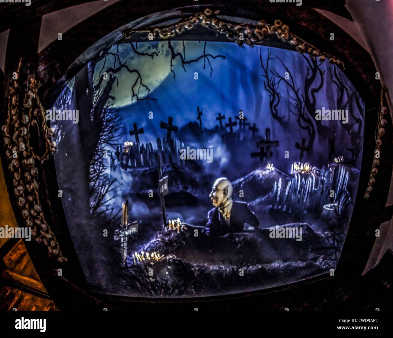 BRAN, TRANSILVANIA, ROMANIA - 22 LUGLIO 2020: Ologramma con la leggenda del vampiro Dracula all'interno del castello di Bran, attualmente museo. Foto Stock