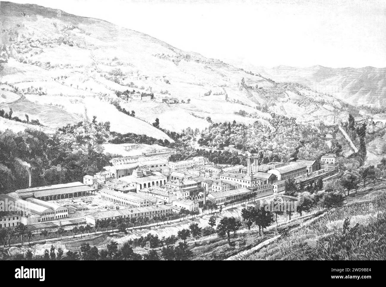 1882-03-30, la Ilustración Española y americana, Trubia (Oviedo), Vista panorámica de la Fábrica nacional de fundición de cañones (ritagliato). Foto Stock